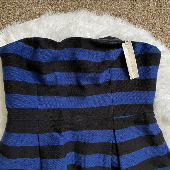 Trina Turk Strapless Mini Dress NEW Pockets Black Blue Striped Women’s 12 Lined - Picture 5 of 12